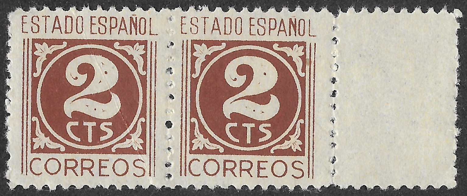 S430 – Spain 1937 – Estado Español – 2 Céntimos – MNH Horizontal Pair with Right Sheet Margin – Edifil 815