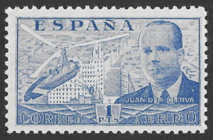 S436 – Spain 1939 – Juan de la Cierva – 1 Peseta Blue – Correo Aéreo – MNH – Edifil 884