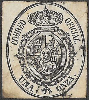 Spain. 1855. Official Service — Una Onza — Oval Coat of Arms. Black on rose paper. EDIFIL 36. Cancelled. S149