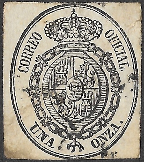 Spain. 1855. Official Service — Una Onza — Oval Coat of Arms. Black on rose paper. EDIFIL 36. Cancelled. S149