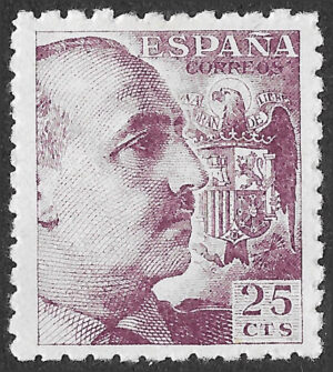 S448 – Spain 1940 – General Franco – 25 Céntimos Carmine-Lilac – Edifil 923 – MH, Without Engraver Surname