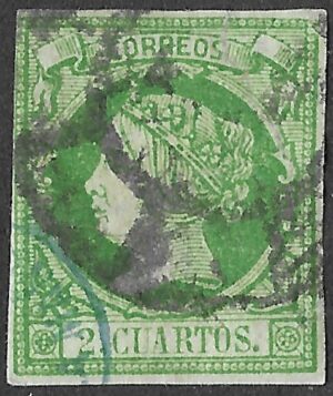 Spain. 1856. Queen Isabella II. 2 Cuartos Green on Green. EDIFIL 51. Cancelled. S153