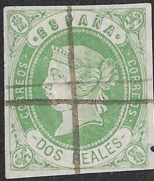 Spain. 1862. Queen Isabella II - Colored Paper. 2 Reales Green on Rose. EDIFIL 62. Cancelled. S159