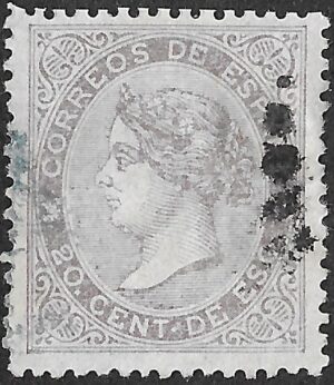 Spain. 1867. Queen Isabella II. 20 Céntimos de Escudo Lilac. EDIFIL 92. Cancelled. S165