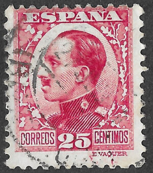 S348 – Spain 1930 – Alfonso XIII Vaquer Profile – 25 Céntimos Carmine-rose – Edifil 495 – Used