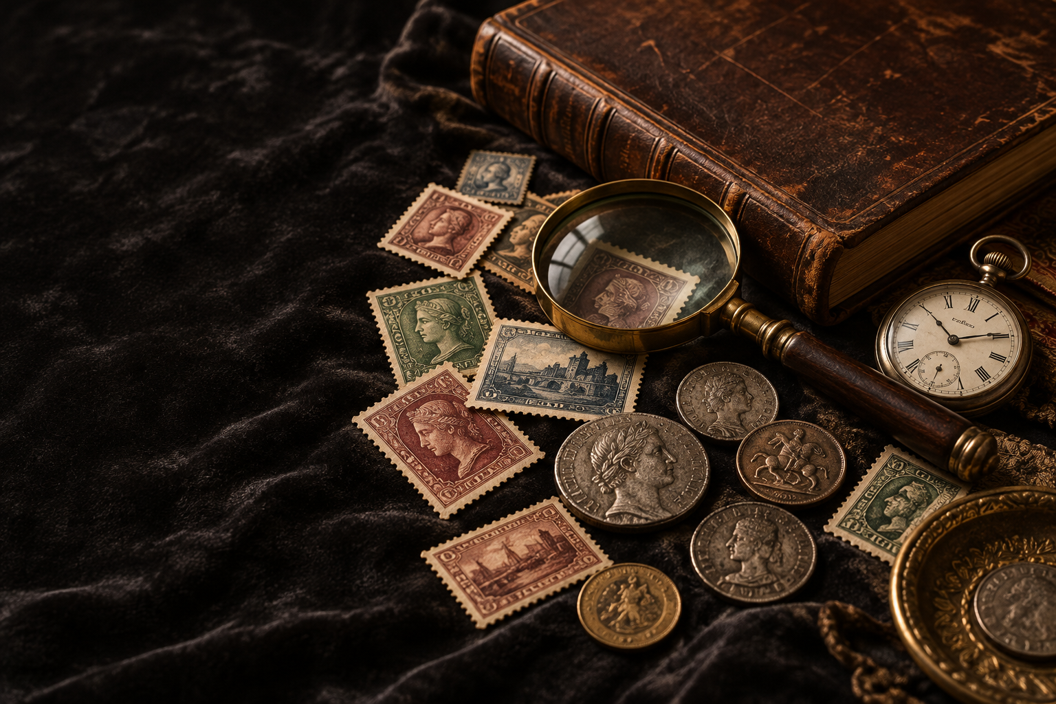 Vintage stamps on dark velvet — decorative illustration